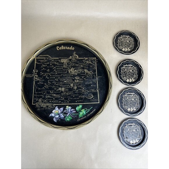 VTG Colorado‎ State & Flower Travel Souvenir Tin Metal Bar Tray Plate,4 Coasters - Picture 1 of 8
